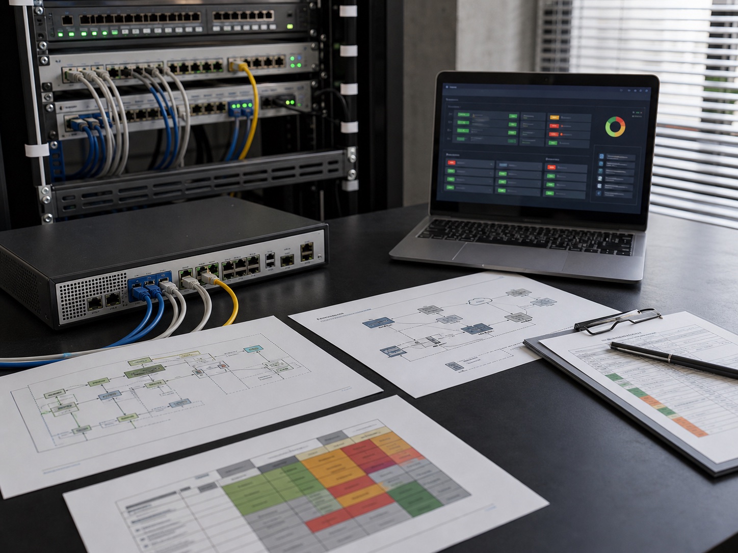 Netzwerkdokumentation, Firewall-Appliance und Monitoring-Laptop auf einem technischen Arbeitstisch